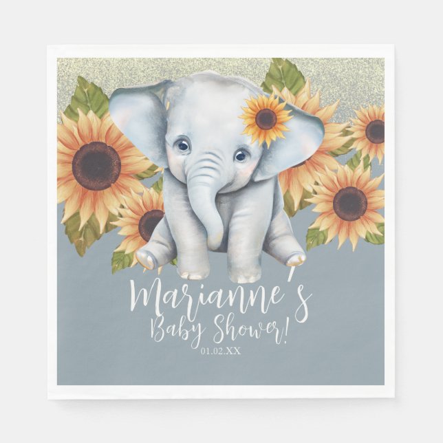 Elephant Baby Shower Sunflower Glitter Dusty Blue Napkin (Front)