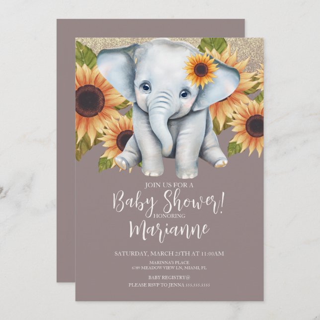 Elephant Baby Shower Sunflower Glitter Dusty Pink Invitation (Front/Back)