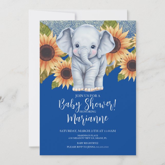 Elephant Baby Shower Sunflowers Glitter Blue Invitation (Front)