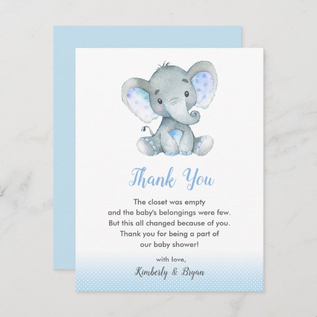Elephant Baby Shower Thank You Cards Boys Blue (Front/Back)