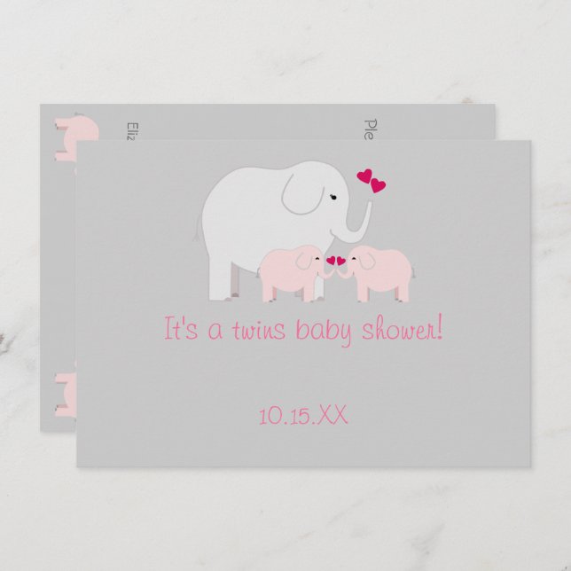 Elephant Baby Shower Twin Girls Invitation (Front/Back)
