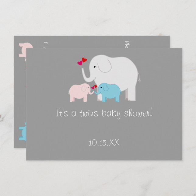 Elephant Baby Shower Twins Boy Girl Invitation (Front/Back)