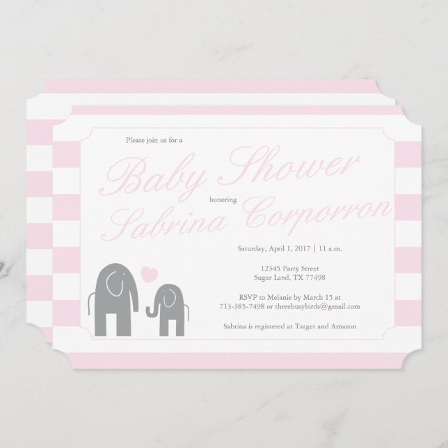 Elephant Baby Shower with Stripes - Light Pink Invitation (Front/Back)