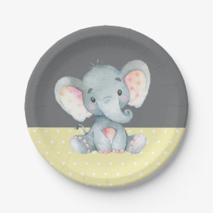 Elephant Baby Shower Yellow and Gray Paper Plate