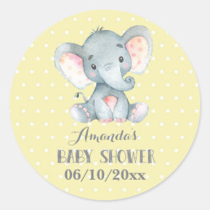 Elephant Baby Shower Yellow and Grey Classic Round Sticker