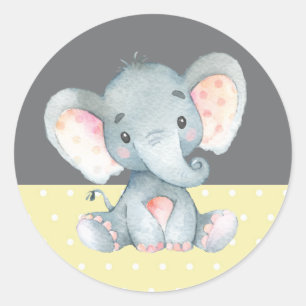 Elephant Baby Shower Yellow and Grey Classic Round Sticker