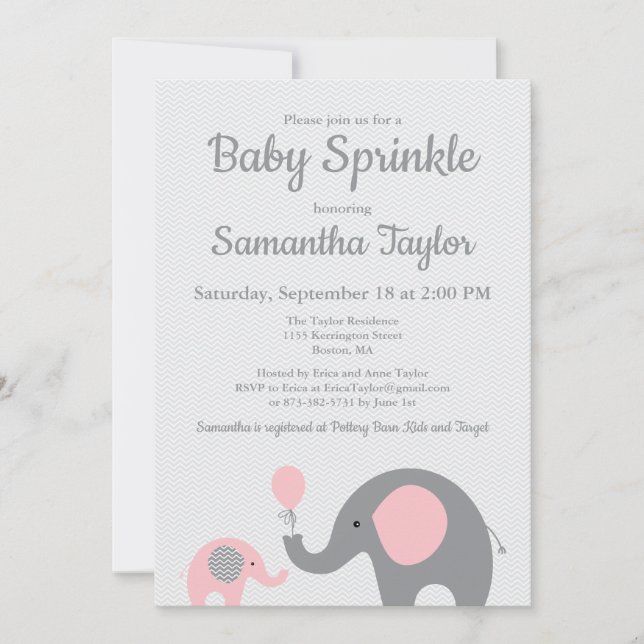 Elephant Baby Sprinkle Invitation in Pink and Grey (Front)