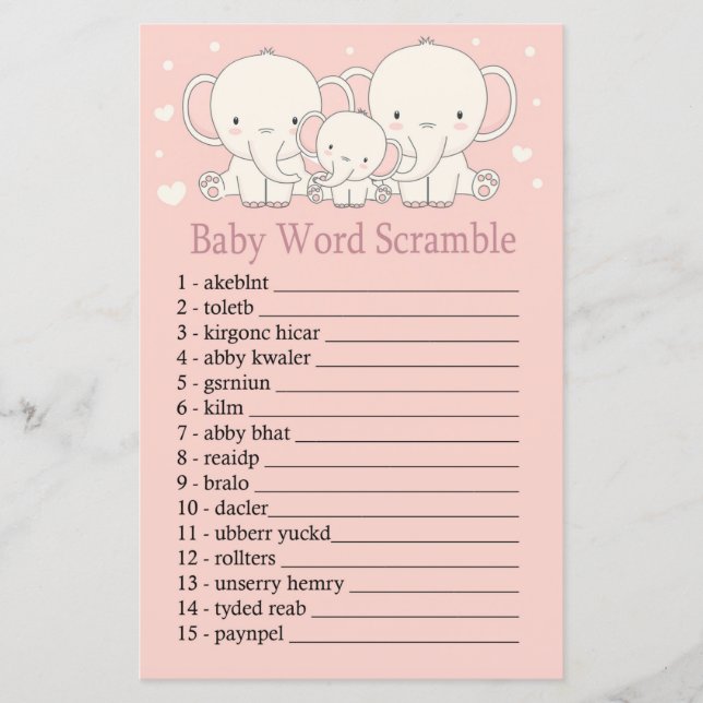 Elephant Baby word scramble game (Front)