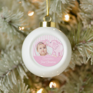 Elephant Baby's First Christmas Photo Ceramic Ball Christmas Ornament