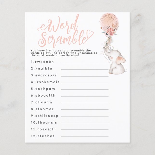 Elephant Balloon Baby Shower Game Baby Scramble (Front)