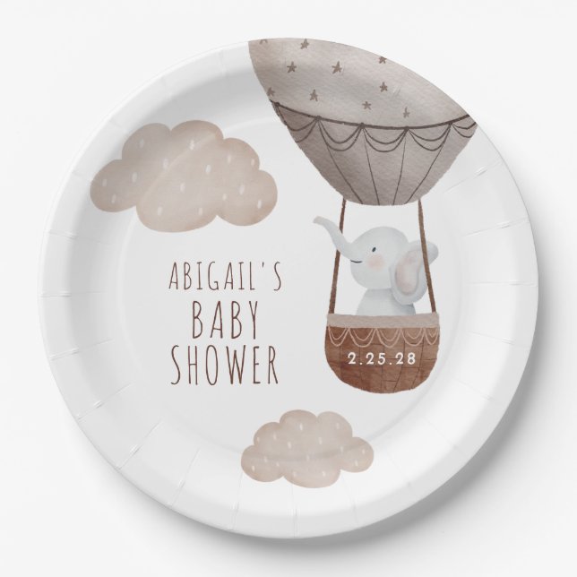 Elephant Balloon Baby Shower Paper Plate (Front)