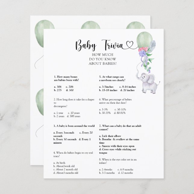 Elephant & Balloon -Baby Trivia | Baby Shower Game (Front/Back)