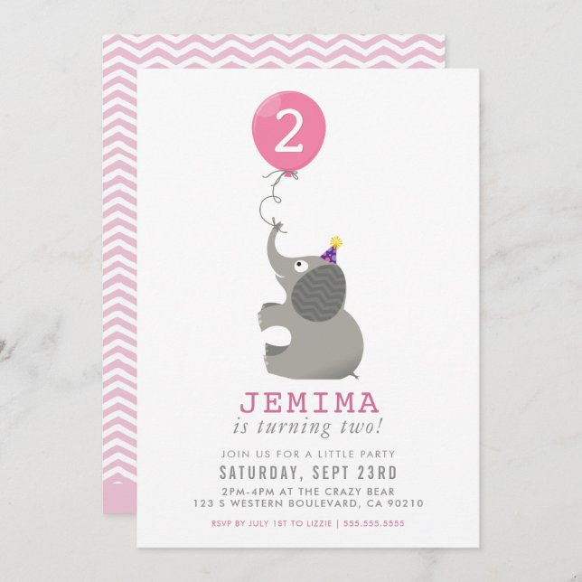 ELEPHANT & BALLOON cute birthday party invite pink (Front/Back)