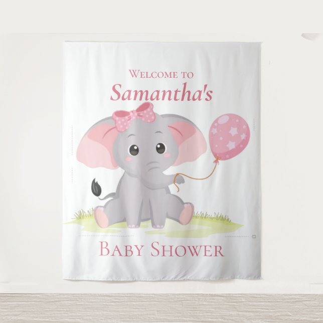  Elephant balloon Girl Baby Shower Backdrop Tapestry (Front)