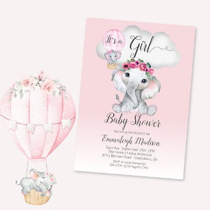 Elephant Balloon Girl Baby Shower Pink Roses Invitation