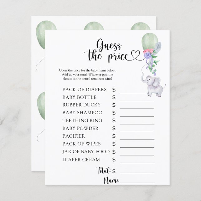 Elephant & Balloon - Guess the price! Game (Front/Back)