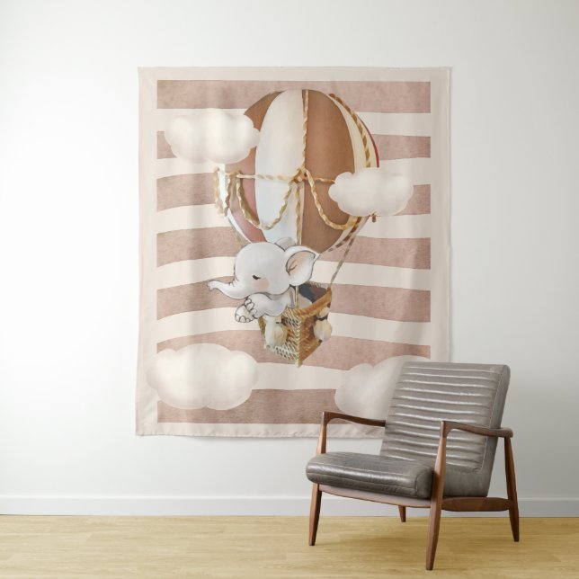 Elephant Balloon Neutral Virtual Shower Backdrop Tapestry (In Situ)
