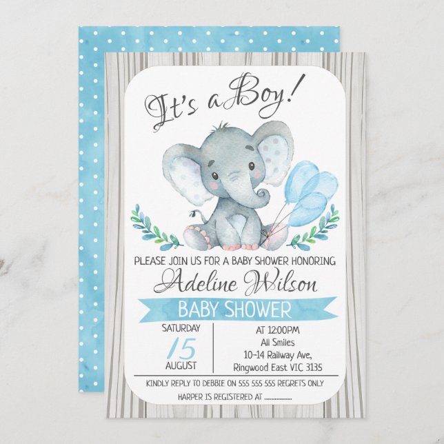 Elephant Balloon Watercolor Baby Shower Invitation (Front/Back)