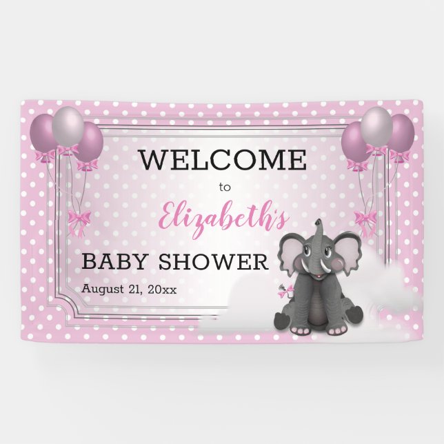 Elephant | Balloons | Dots Girl Pink Baby Shower Banner (Horizontal)