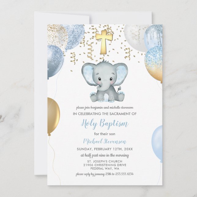 Elephant Balloons Watercolor Baptism Invitation (Front)