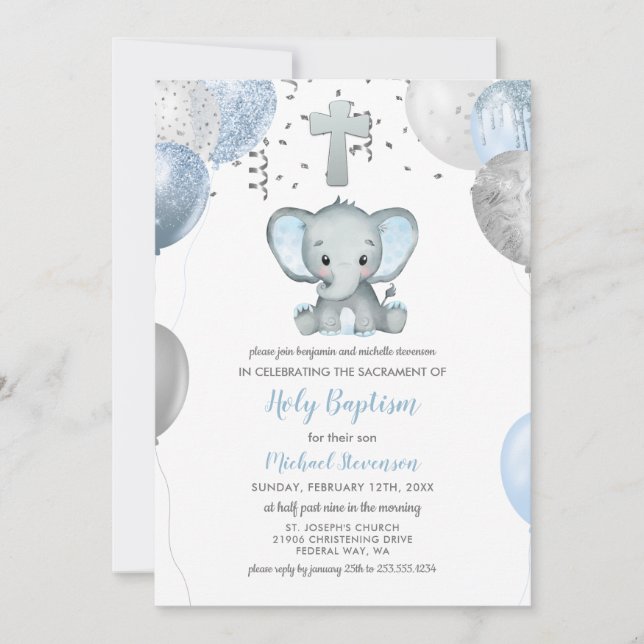 Elephant Balloons Watercolor Baptism Invitation (Front)