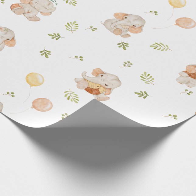 Elephant Balloons Watercolor Greenery Baby Shower Wrapping Paper (Corner)