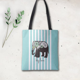 Elephant Big Love Cute Modern Turquoise Stripe Tote Bag