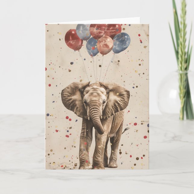 Elephant Birthday Balloon Greeting Card (Front)