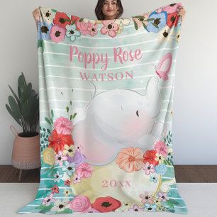 Elephant Blanket with Flowers + Custom Name