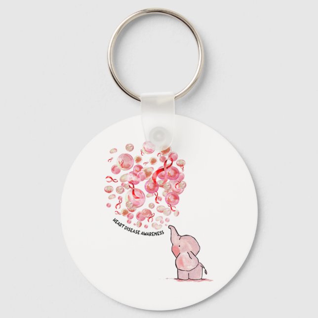 Elephant Blows Up Red Balloons Heart Disease Aware Key Ring (Front)