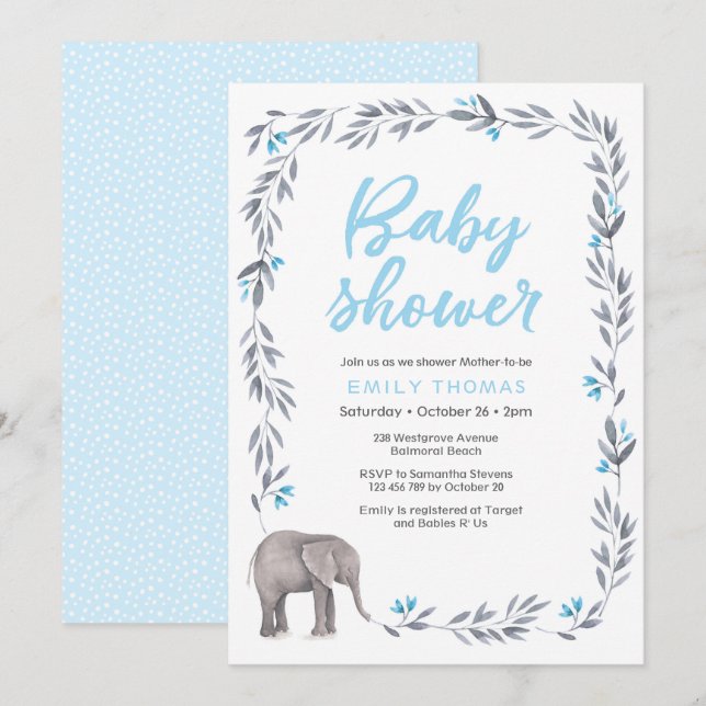 Elephant blue and gray Baby Shower Invitation (Front/Back)