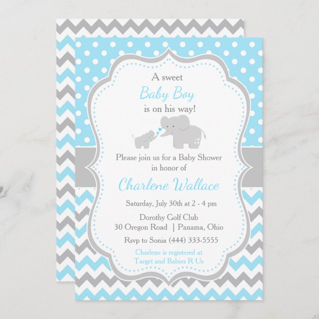 Elephant Blue and Grey Baby Shower Invitation (Front/Back)