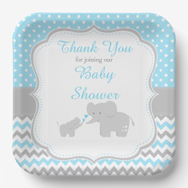 Elephant Blue and Grey Baby Shower Party Paper Plate (Front)