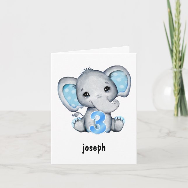  Elephant Blue Baby Boy 3rd Birthday Card (Front)