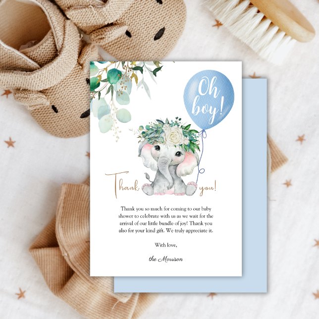 Elephant Blue Balloon Greenery Baby Shower Thank You Card (Creator Uploaded)