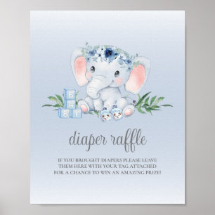Elephant Blue Boy Baby Shower Diaper Raffle Sign
