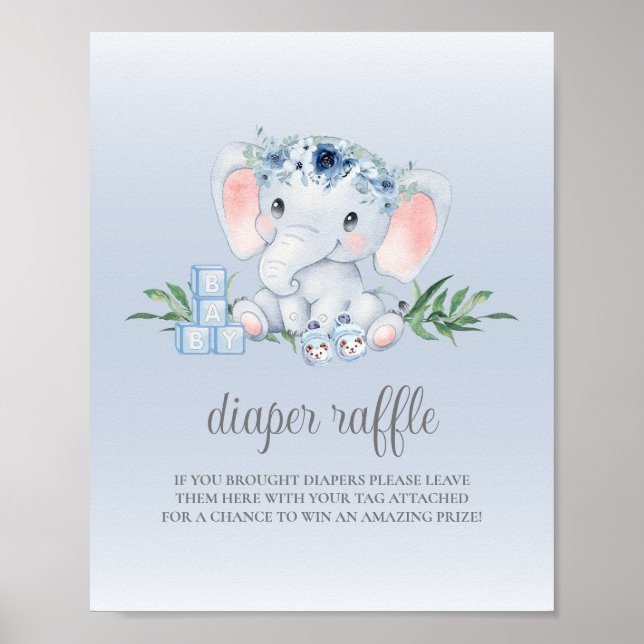 Elephant Blue Boy Baby Shower Diaper Raffle Sign (Front)