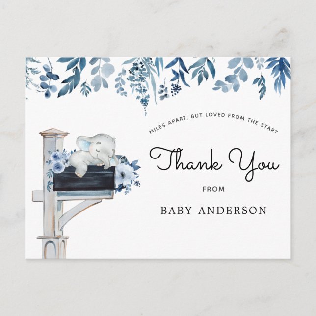 Elephant Blue Floral Baby Shower by Mail Thank You Postcard (Front)