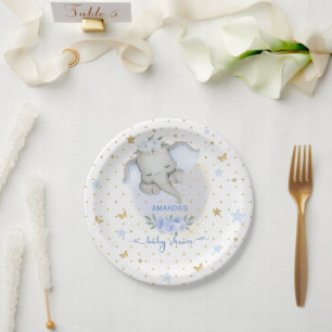 Elephant Blue Floral Boho Baby Boy Shower Paper Plate
