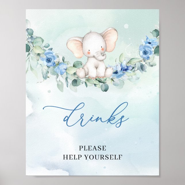 Elephant blue flowers eucalyptus wreath drinks poster (Front)