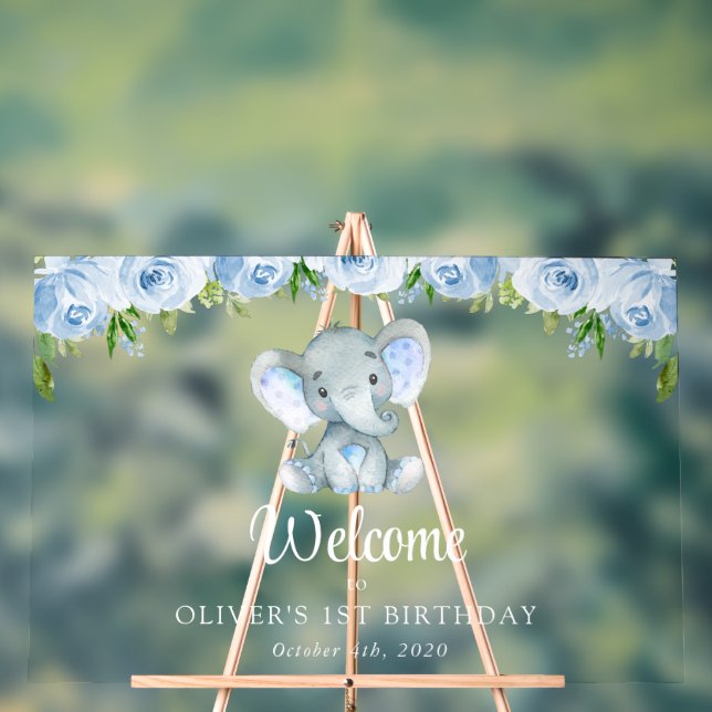 Elephant, Blue Flowers, First Birthday Welcome Acrylic Sign (Neutral)