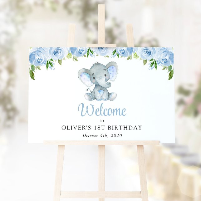 Elephant, Blue Flowers, First Birthday Welcome Poster (Creator Uploaded)