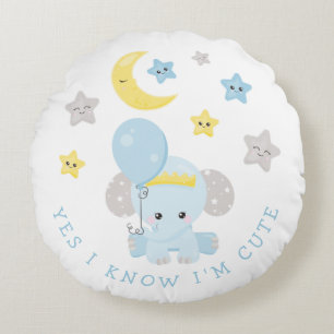 Elephant Blue I Know I Am Cute Text Baby Boy Name Round Cushion