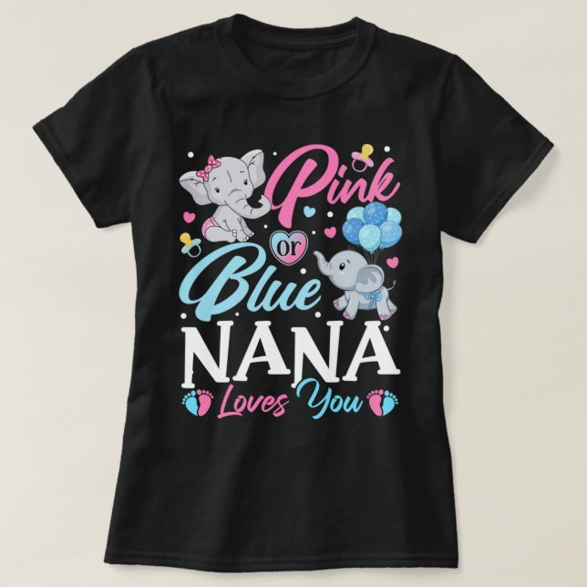 Elephant Blue Pink Nana Loves You Pregnancy Reveal T-Shirt (Design Front)