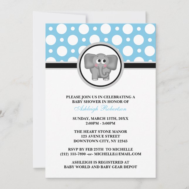 Elephant Blue Polka Dot Baby Shower Invitations (Front)