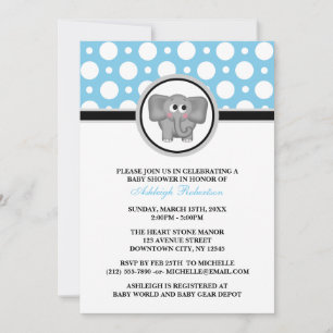 Elephant Blue Polka Dot Baby Shower Invitations