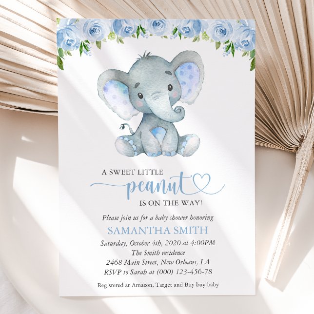 Elephant, Blue Watercolor Flowers, Baby Shower Invitation (Creator Uploaded)