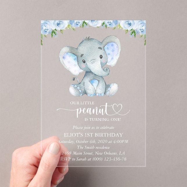 Elephant, Blue Watercolor Flowers, First Birthday Acrylic Invitations (Insitu (Handheld))