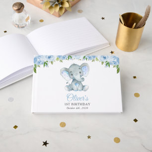 Elephant, Blue Watercolor Flowers, First Birthday Guest Book
