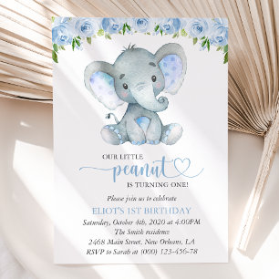 Elephant, Blue Watercolor Flowers, First Birthday Invitation